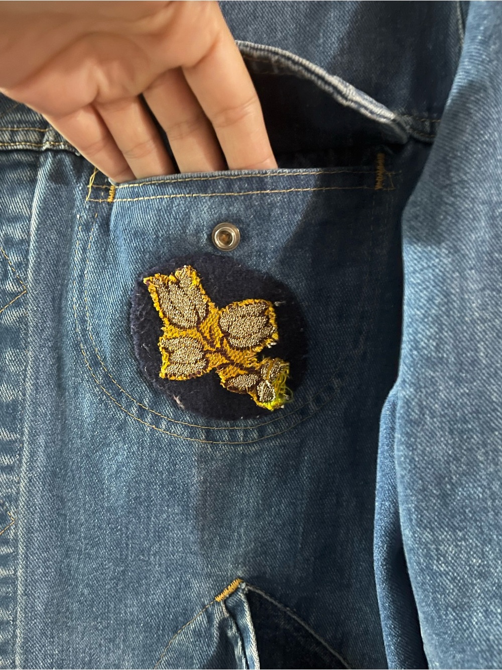 Upcycled Vintage Denim Jacket with Embroidered Patchwork - Blue - Picture 6 of 11